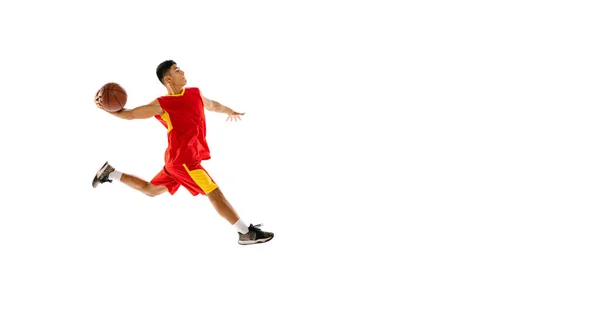 Portrait Young Man Basketball Player Throwing Ball Basket Run Isolated — Stok Foto