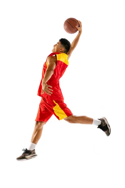 Portrait Young Man Basketball Player Motion Training Isolated White Studio — Zdjęcie stockowe