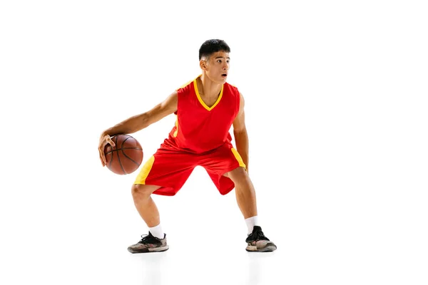 Portrait Young Motivated Man Basketball Player Training Dribbling Isolated White — Stok Foto