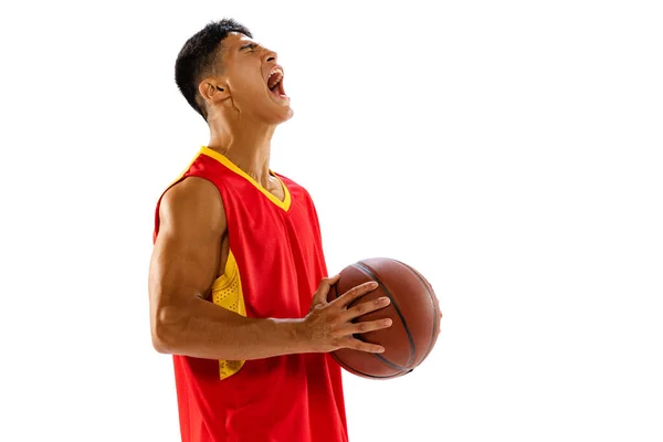 Portrait Young Man Basketball Player Isolated White Studio Background Screaming — Stock Photo, Image