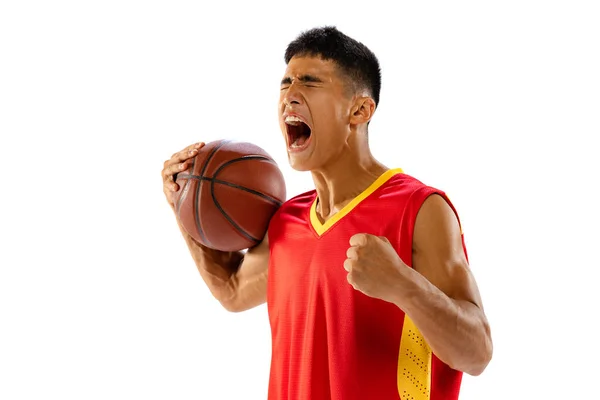 Portrait Young Man Basketball Player Ball Red Uniform Screaming Growing — Stok fotoğraf