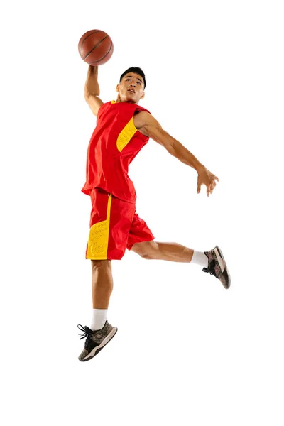 Portrait Young Man Basketball Player Jumping Training Throwing Ball Basket — Stok fotoğraf