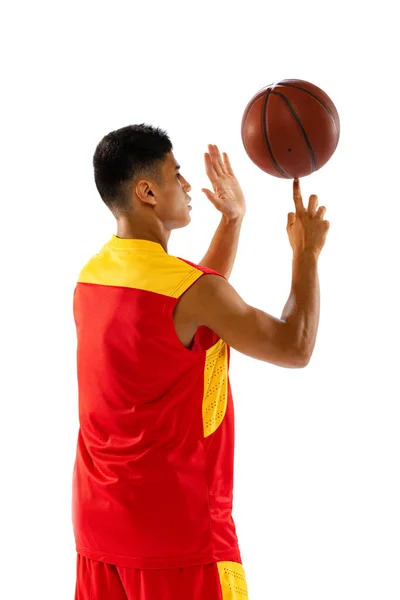 Portrait Young Man Basketball Player Red Uniform Spinning Ball Finger — Foto Stock