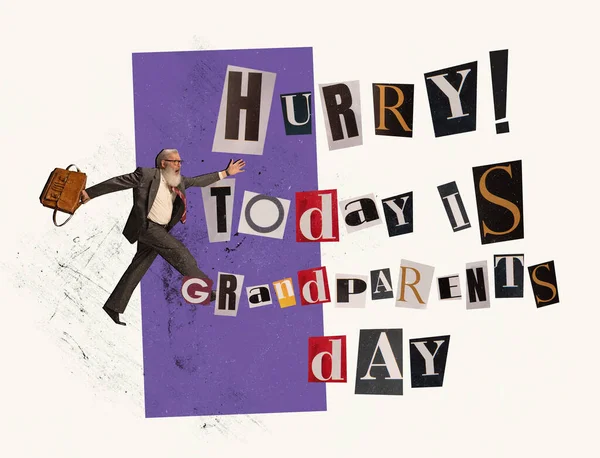 Contemporary Art Collage Senior Man Gradfathere Running Home Celebrate Grandparents — Stock Fotó