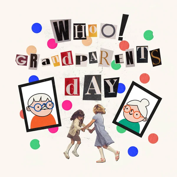 Contemporary Art Collage Cheerful Little Girls Playing Celebrating Grandparents Day — Stock Fotó