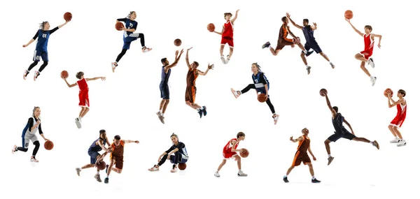 Κολάζ Δυναμικό Πορτραίτο Ενηλίκων Και Παιδιών Μπασκετμπολίστες Κίνηση Εκπαίδευση Απομονωμένη — Φωτογραφία Αρχείου