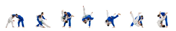 Collage Portrait Professional Martial Arts Athletes Training Isolated Blue Studio — Stock Photo, Image