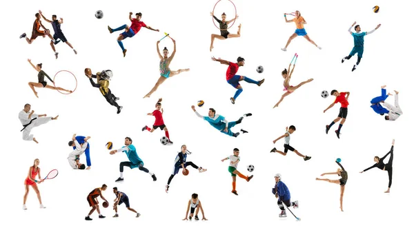 Collage Sportive People Adults Children Doing Different Sports Posing Isolated — Photo