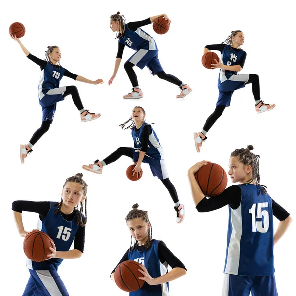 Collage Portrait Teen Girl Blue Uniform Training Playing Basketball Isolated —  Fotos de Stock