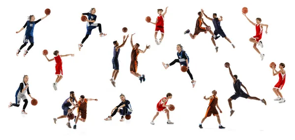 Collage Dynamic Portrait Adults Children Basketball Players Motion Training Isolated — Stock Photo, Image