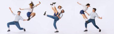 Collage. Young beautiful couple, man and woman, dancing retro dance isolated over white studio background. Concept of vintage fashion, hobby, activity, art, music, party, creativity and ad
