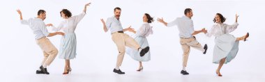 Collage. Young beautiful couple, man and woman in elegant retro clothes dancing isolated over white studio background. Concept of vintage fashion, hobby, activity, art, music, party, creativity and ad