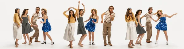 Collage Group Young Cheerful People Man Woman Stylish Retro Clothes — Stock Photo, Image