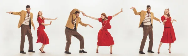 Collage Young Emotive Man Woman Retro Clothes Dancing Having Fun — Stockfoto