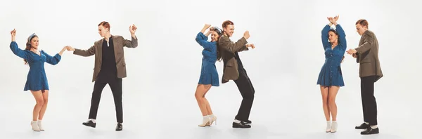 Collage Beautiful Young Couple Man Woman Stylish Retro Clothes Dancing — 스톡 사진