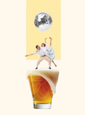 Contemporary art collage. happy young couple in elegant clothes dancing on foamy lager beer mug. Celebration. Concept of party, festival, leisure time, Oktoberfest. Copy space for ad