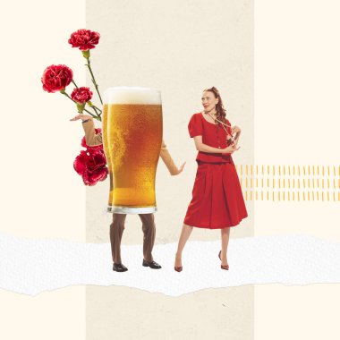 Contemporary art collage. Stylish extravagant girl standing near big cool foamy beer glass. Oktoberfest party. Concept of party, festival, leisure time, Oktoberfest. Copy space for ad