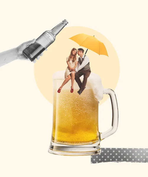 Contemporary Art Collage Loving Young Couple Sitting Giant Foamy Beer — Stockfoto