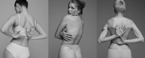 Collage Black White Photography Tender Women Posing Underwear Healthy Strong —  Fotos de Stock