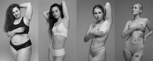 Колаж Чорно Біла Фотографія Молоді Жінки Різними Фігурними Формами Позують — стокове фото