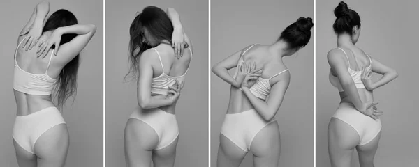 Collage Black White Photography Tender Slim Young Woman Posing Underwear —  Fotos de Stock