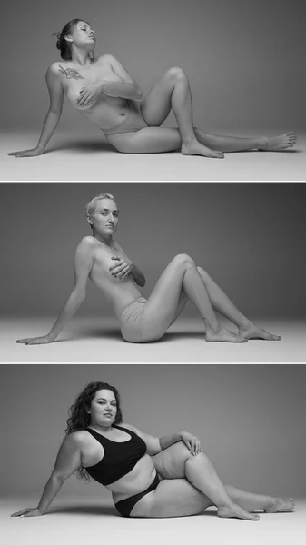 Collage Black White Photography Young Beautiful Woman Different Body Shapes — Foto de Stock