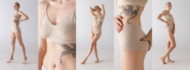 Collage. Portrait of young woman with short blonde hair posing in underwear over grey background. Full-length and cropped elements. Body positivity, care. Self-acceptance. Concept of beauty, body art