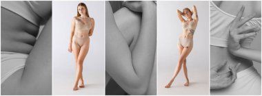 Collage. Full-length and cropped female body elements. Models posing in underwear. Concept of beauty, body and skin care, health, spa, cosmetics, ad. Tender womens body. Body art, aesthetics