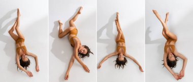 Collage. Portraits of slim beautiful woman posing in beige underwear, lying on floor isolated over white studio background. Concept of beauty, body and skin care, health, spa, cosmetics, fitness, ad