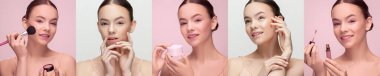 Collage. Young tender girl with clearm smooth skin posing over multicolored background. Cosmetological skin care. Natural, nude makeup. Concept of beauty, cosmetics, bodycare, tenderness, cosmetoogy