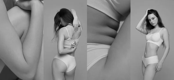 Collage Black White Photography Tender Young Girl Posing Underwear Body —  Fotos de Stock