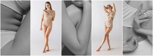 Collage Full Length Cropped Female Body Elements Models Posing Underwear — Stock fotografie