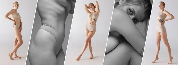 Collage Colorful Black White Images Young Beautiful Women Posing Underwear — Fotografia de Stock