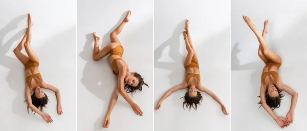 Collage Portraits Slim Beautiful Woman Posing Beige Underwear Lying Floor —  Fotos de Stock