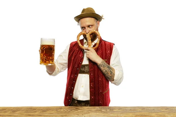 Portrait Young Man Wearing Traditional Bavarian German Clothes Smilling Pretzel — Photo