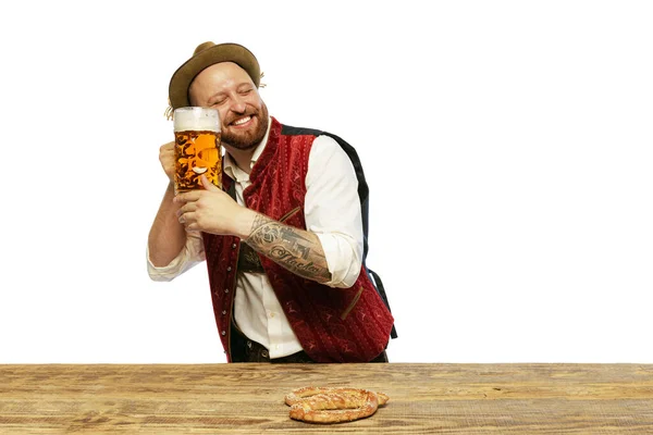 Portrait Young Man Wearing Traditional Bavarian German Clothes Smilling Holding — Photo