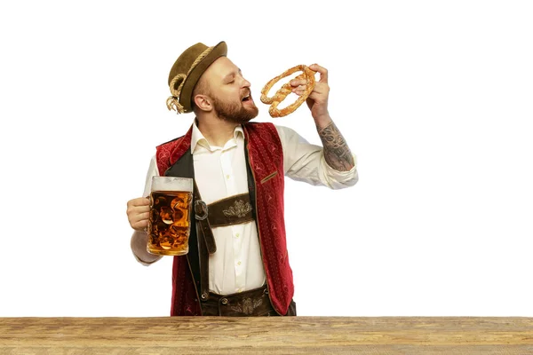 Portrait Young Man Wearing Traditional Bavarian German Clothes Beer Mug — Stock Fotó