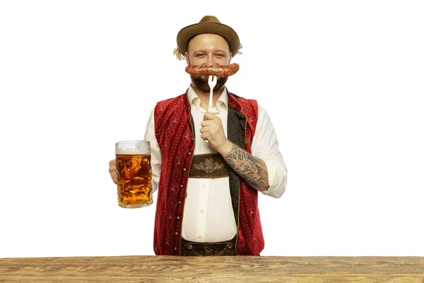 Portrait Man Wearing Traditional Bavarian German Clothes Holding Beer Mug — Photo