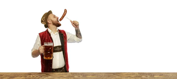 Portrait Man Wearing Traditional Bavarian German Clothes Eating Sausage Drinking — Photo