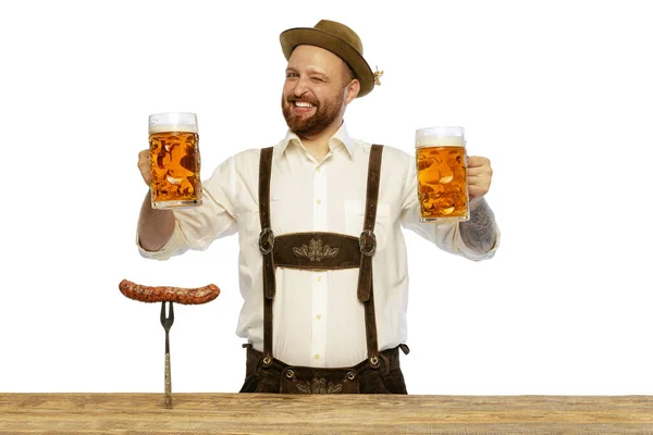 Portrait Young Man Wearing Traditional Bavarian German Clothes Welcoming Beer — Zdjęcie stockowe