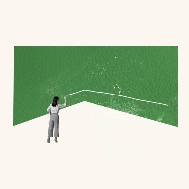 Contemporary art collage. Conceptual image. Young woman drawing line on green background. Line of life. Overcoming difficulties and despair. Concept of psychology, emotions, feelings