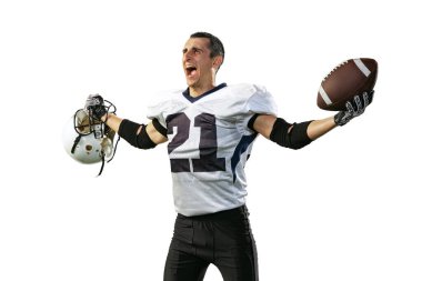 Portrait of emotive man, american football player celebrating successful game isolated over white background. Shouting. Concept of active life, team game, energy, sport, competition. Copy space for ad