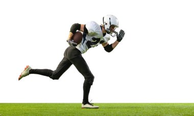 Portrait of sportive man, american football player in action, running with ball isolated over white background. Concept of active life, team game, energy, sport, competition. Copy space for ad