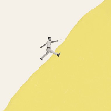 Contemporary art collage. Stylish emotive man stepping with sword, ready to fight. Emotions, facial expression. Concept of imagination, retro style, mood, creativity, fun. Copy space for ad, poster