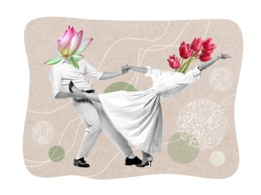 Contemporary art collage. Loving, stylish couple, man and woman dancing together on a date. Romance. Concept of creativity, retro style, fashion, vintage, floral design, relationship, love