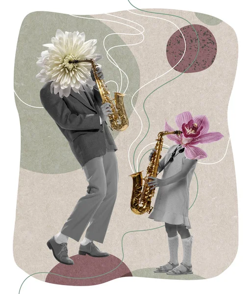 Contemporary art collage. Stylish man and little girl, child playing trumpet. Flowers heads. Music lifestyle. Concept of creativity, retro style, fashion, vintage, floral design, family