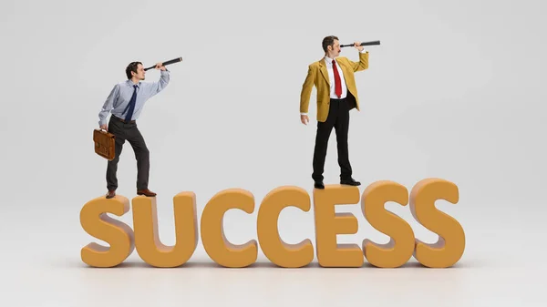Motivated people, businessmen standing on big letters of success and looking foward in spyglass. Growing personal ambitions. Concept of business, success, goals, aspiration, professional growth
