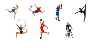 Collage. Young sportive people training, practising isolated over white studio background. Popular types of sport. Championship. Concept of sport, team game, action, motion. Copy space for ad