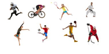 Collage. Young sportive people training, practising isolated over white studio background. Popular types of sport. Championship. Concept of sport, team game, action, motion. Copy space for ad