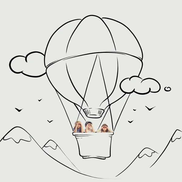 Cheerful, playful children, boy and girls having dream to fly on air balloon. Dreaming doodles, drawings. Concept of childhood, dreams, creativity, fun, lifestyle, retro style